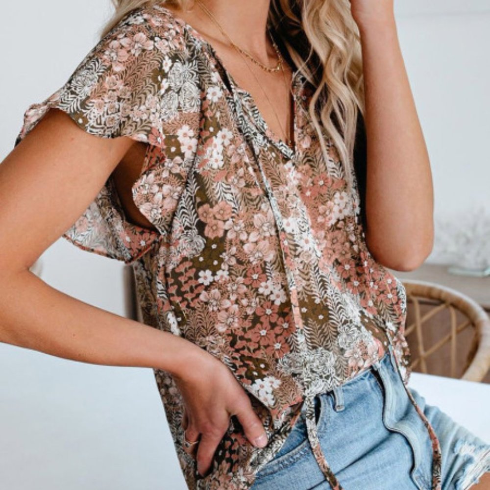 Fluttery Sleeves Floral Print Tie Neckline Blouse